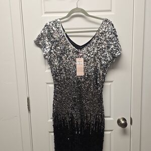 Silver Sequin Ombre V-Neck Dress
